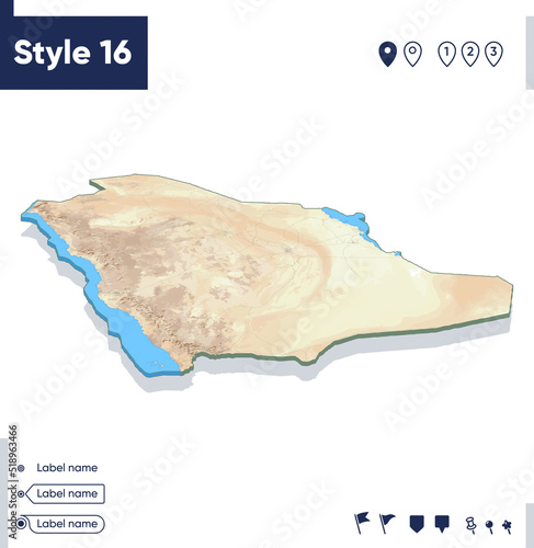 Saudi Arabia - map with shaded relief, land cover, rivers, mountains. Biome map with shadow.