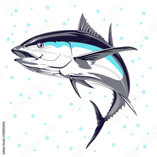 Tuna fishing logo. Unique and fresh tuna jumping.Fish on a white background