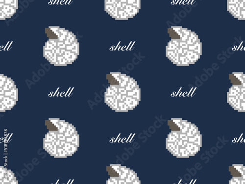 Shell cartoon character seamless pattern on blue background. Pixel style