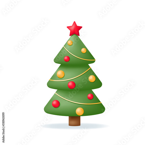 Realistic Green Christmas fir tree with decorations. Classic traditional Xmas element indoor decor. 3d vector illustration isolated on white background.