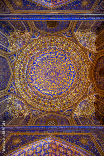 Interior of Tilya Kori Mosque and Madrasah located in Registan Square, in Samarkand, Uzbekistan
