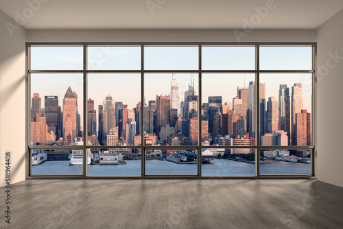Midtown New York City Manhattan Skyline Buildings from High Rise Window. Beautiful Expensive Real Estate. Empty room Interior Skyscrapers View Cityscape. Sunset West Side. 3d rendering.