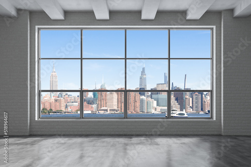 Midtown New York City Manhattan Skyline Buildings from High Rise Window. Beautiful Expensive Real Estate. Empty room Interior Skyscrapers View Cityscape. Day time. East side. 3d rendering.