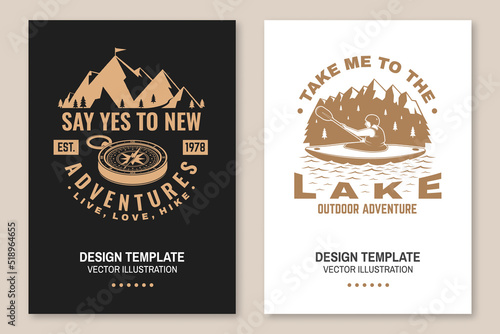 Set of camping inspirational quotes. Vector. Concept for flyer, brochure, banner, poster. Vintage typography design with compass, man in canoe, lake and mountain silhouette.