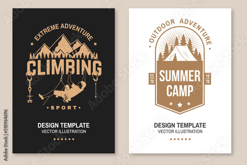 Set of camping inspirational quotes. Vector. Concept for flyer  brochure  banner  poster. Vintage typography design with camper tent  climber  carabiners  climbing cams  hexes and mountain silhouette.