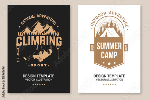 Set of camping inspirational quotes. Vector. Concept for flyer, brochure, banner, poster. Vintage typography design with camper tent, climber, carabiners, climbing cams, hexes and mountain silhouette.