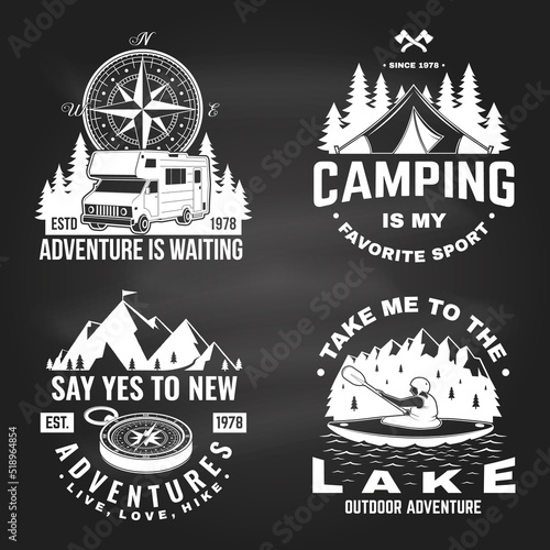 Set of camping badges design on chalkboard. Vector illustration. Concept for shirt or logo, print, stamp or tee. Vintage typography design with man in canoe, lake, compass, camper rv , tent and forest