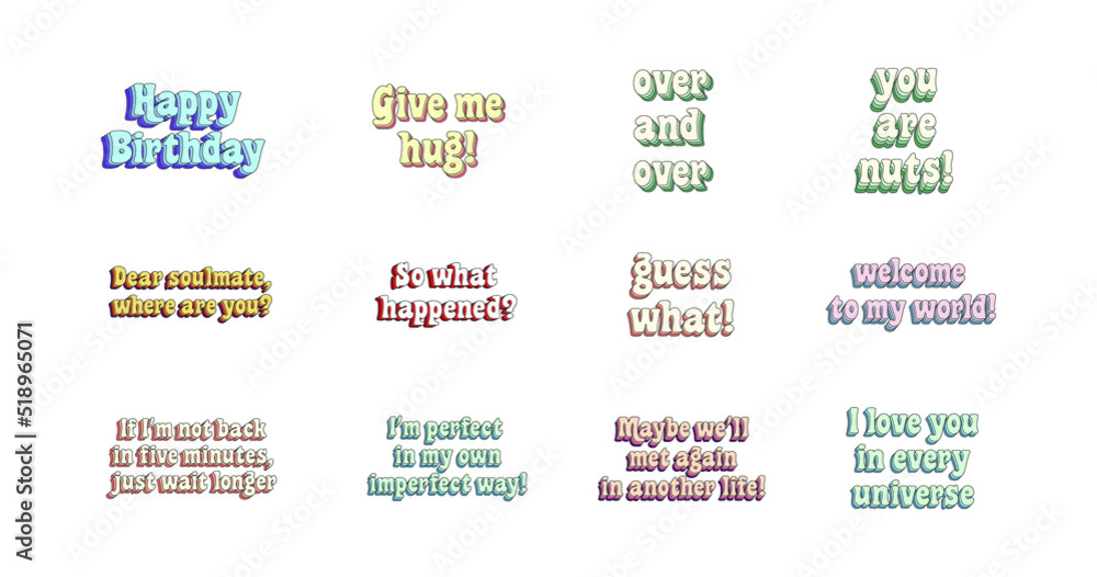 Set of different quotes and memes. Colorful text sticker