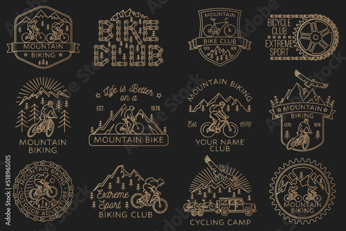 Set of Mountain biking badge, logo, patch. Vector illustration. Concept for shirt or logo, print, stamp or tee. Vintage line art design with man riding bike and mountain silhouette.