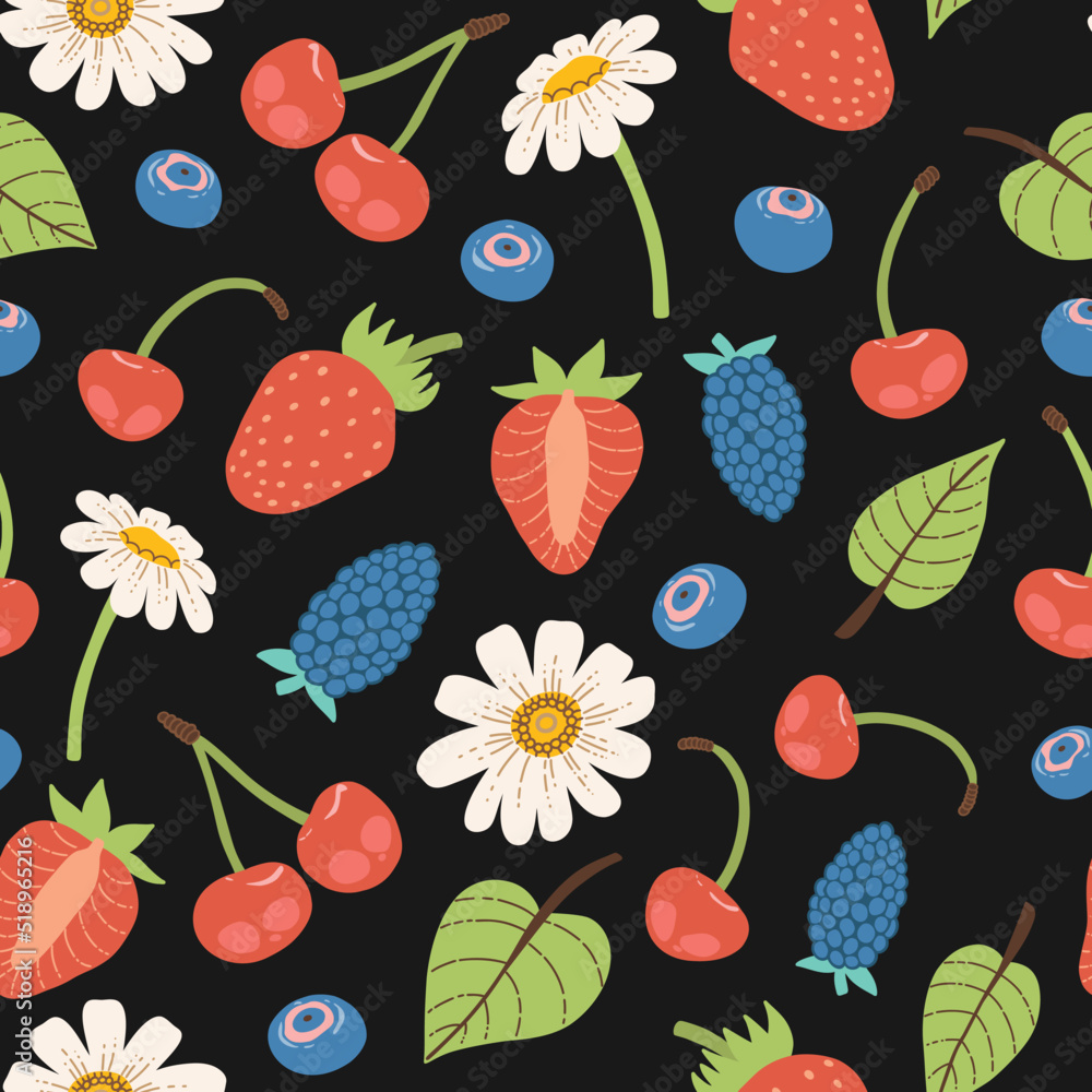 Vector seamless pattern with berries, leaves and flowers. Vector seamless pattern with berries, leaves and flowers.