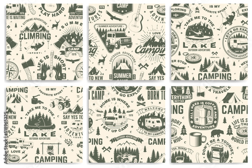Set of summer camp seamless pattern, background. Vector. Retro typography design with rv trailer, tent, mountain, campfire, hiker and forest silhouette. For camping and hiking organizations