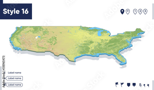 USA, United States Of America - map with shaded relief, land cover, rivers, mountains. Biome map with shadow.