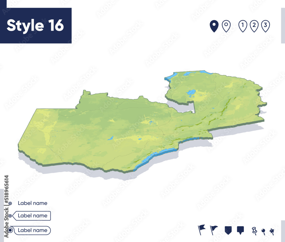 Obraz premium Zambia - map with shaded relief, land cover, rivers, mountains. Biome map with shadow.