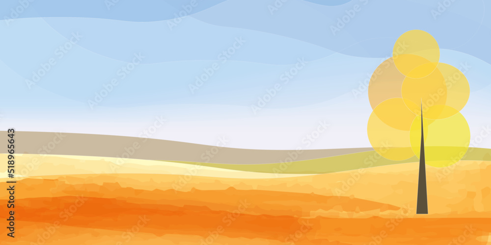Landscape, autumn minimalist cartoon background. Fields and meadows, tree and blue sky.Vector illustration, concept for card, banner, poster, flyer, print.
