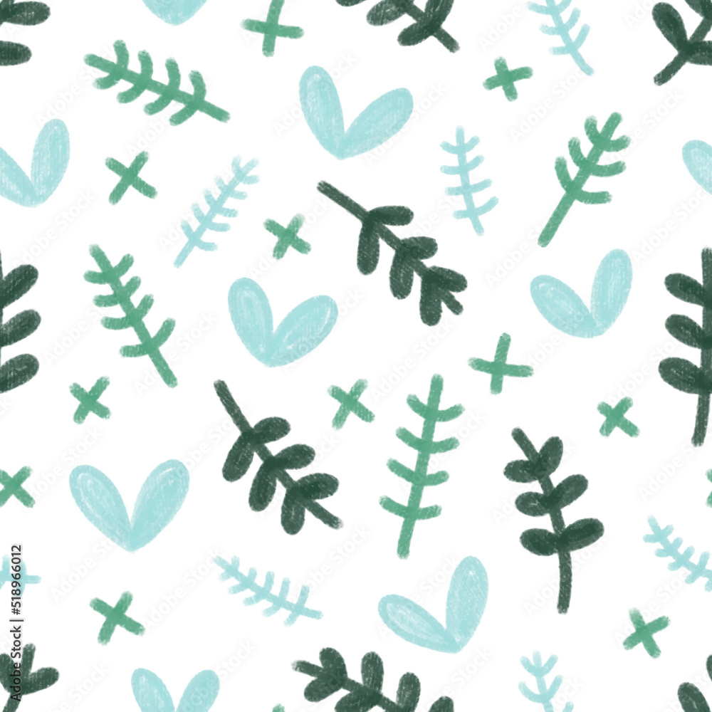 Fototapeta premium Cute vector pattern in mint pastel colors in Scandinavian style on a white background. Hearts and twigs in watercolor style for prints, backgrounds, postcards, textiles, kitchen, decor, kids