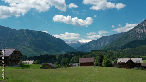 Beautiful idyllic panorama view of village near Altaussee with the peak Sarstein in background on a sunny summer day with blue sky cloud, Ausseerland - Salzkammergut region, Styria, Austria