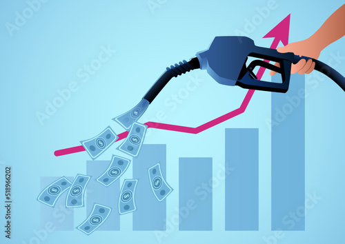 Hand holding gasoline fuel nozzle pouring money