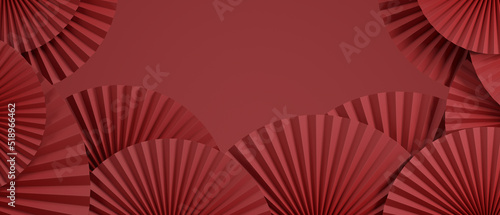 Chinese luxury 3d product display red background. Happy Chinese new year concept paper fan. 3d rendering illustration.