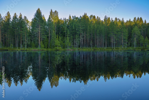 Panoramic beautiful landscape of the lake surrounded by forest in the evening. Karelia region