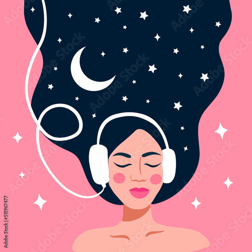 Sleeping girl with headphones. woman dreaming in night sky and stars. vector illustration