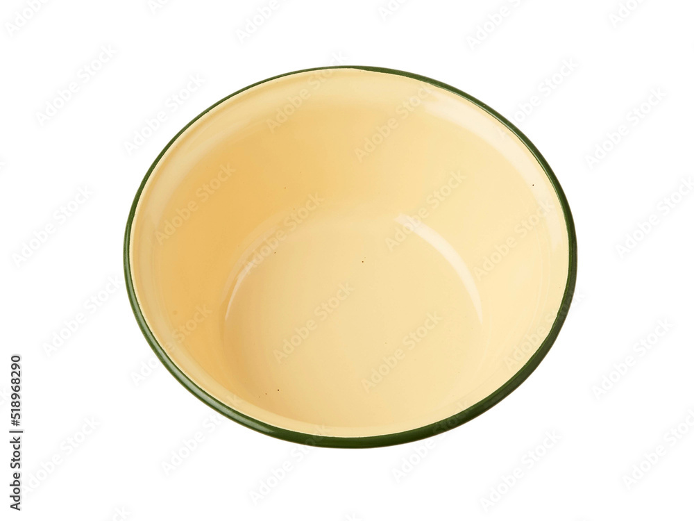 Empty yellow ceramic plate with blue rim on white background, blue plate, cup, white background, round Empty yellow ceramic plate with blue rim on white background, blue plate, cup, white background, round