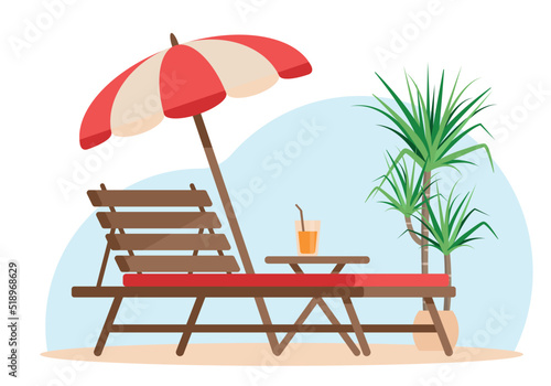 Summer patio furniture. Deck chair with wooden table and beach umbrella for holiday. Vector illustration isolated on white background.