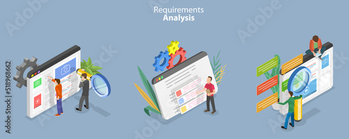 3D Isometric Flat Vector Conceptual Illustration of Requirements Analysis, Specification for Product Development