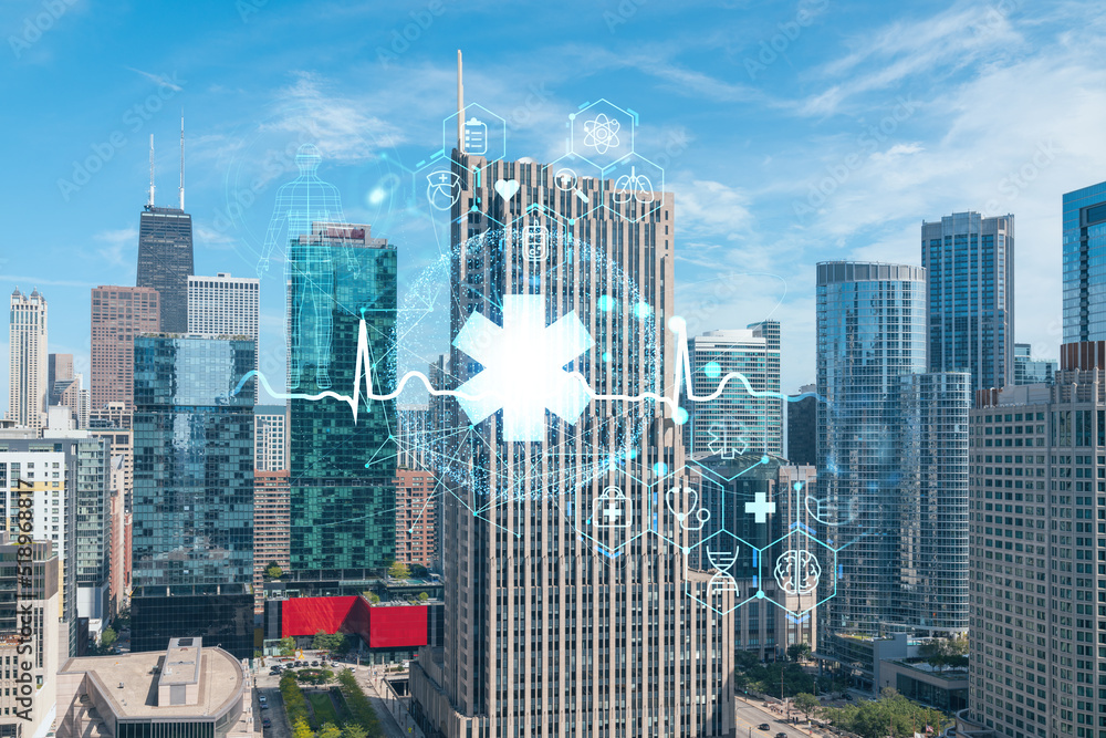 Obraz premium Aerial panorama city of Chicago downtown area, day time, Illinois, USA. Birds eye view, skyscrapers, skyline. Health care digital medicine hologram. The concept of treatment and disease prevention