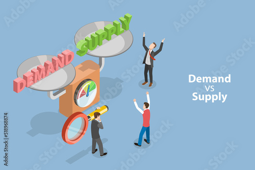3D Isometric Flat Vector Conceptual Illustration of Demand Vs Supply, Economic Model of Price Determination