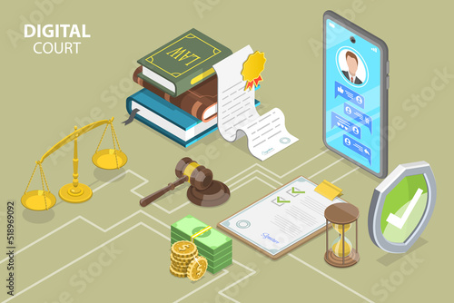 3D Isometric Flat Vector Conceptual Illustration of Digital Court, Online Lawyer Service