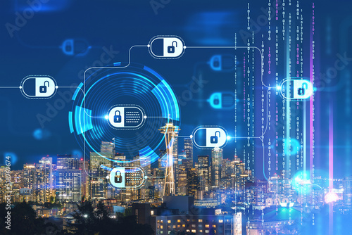 Seattle skyline panorama from Kerry Park. Skyscrapers of financial downtown at night, Washington, USA. Decentralized economy. Blockchain, cryptography and cryptocurrency concept, hologram