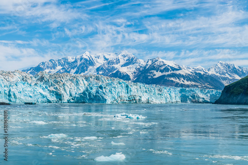 A view in Disenchartment Bay towards in the snout of the Hubbard Glacier and Russell Fjord, Alaska in summertime