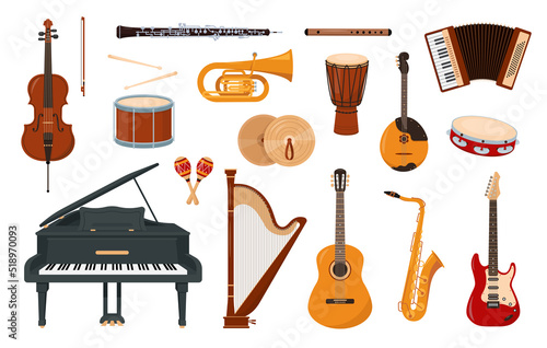Set of musical instruments isolated on white background. Music instrument icons. Vector illustration in flat or cartoon style.