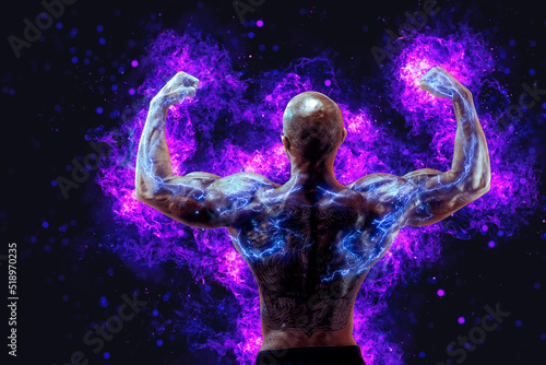 Back view of a muscular body builder flexing his muscles with energy lights on hands concept