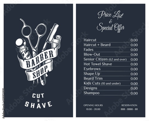 Vector Illustration business card price list and special offer for barber shop. Pricelist for barber shop with label opening hours and reservation on blue background. Printable template. Vintage style