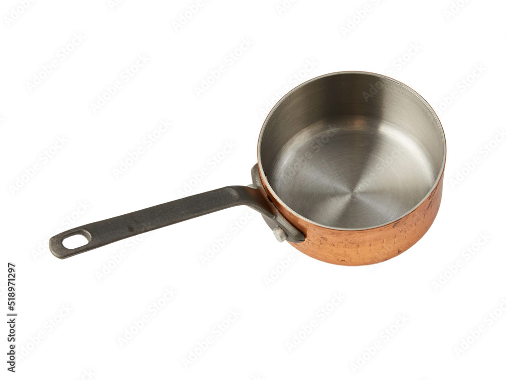 a small metal ladle for the kitchen with a handle on a white isolated background a small metal ladle for the kitchen with a handle on a white isolated background