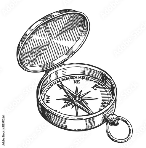 Vintage travel compass navigation with wind rose sketch engraving vector illustration. Hiking compass isolated