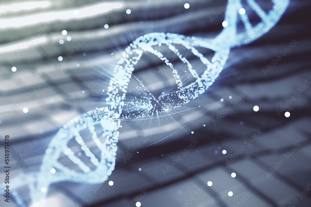 Virtual DNA symbol illustration on blurry abstract metal background. Genome research concept. Multiexposure