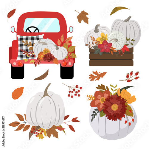 Autumn illustrations set. Red pickup truck, rustic wood crate, pastel pumpkins, flowers, leaves, and foliage. Isolated elements on white background. Fall Thanksgiving, harvest graphic design