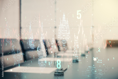 Multi exposure of virtual abstract financial graph interface on a modern coworking room background, financial and trading concept