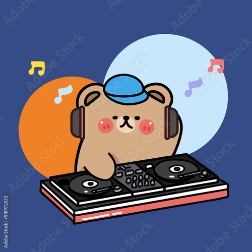 cartoon character bear DJ mixing music, music mixer, flat illustration