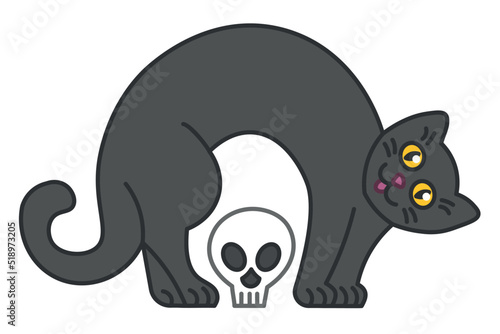 Cartoon vector illustration of smiling black cat with yellow eyes and arching back standing over a human skull. Fun Halloween spooky drawing for print, poster, banner, invitation card, advertisement