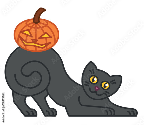 
Cartoon vector illustration of smiling black cat with yellow eyes stretching and holding pumpkin lantern on its back. Fun Halloween spooky drawing for print, poster, banner, invitation card