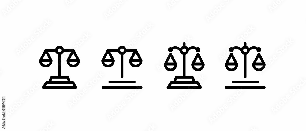 Scale icon. Scales of justice flat icon set. Vintage scale in balance and equilibrium icon vector illustration. Scale icon. Scales of justice flat icon set. Vintage scale in balance and equilibrium icon vector illustration.