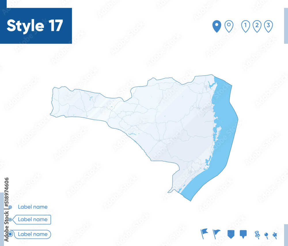 Santa Catarina, Brazil - map isolated on white background with water and roads. Vector map. Santa Catarina, Brazil - map isolated on white background with water and roads. Vector map.