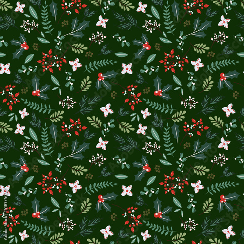 Christmas tree branches and berries seamless pattern. Winter Xmas holidays green wrap paper design