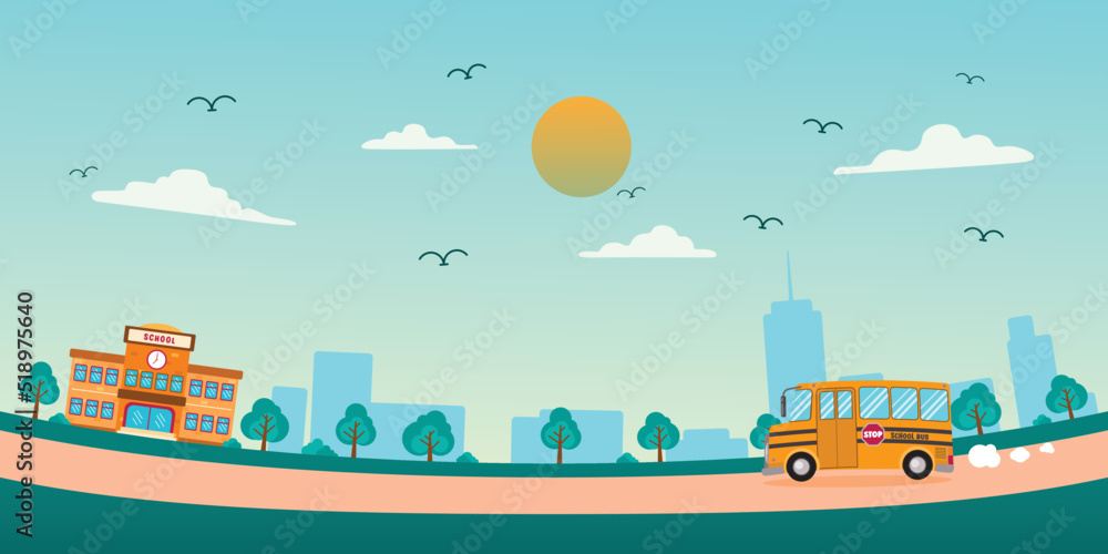 Naklejka premium School Bus On The Way To School Scene, Vector