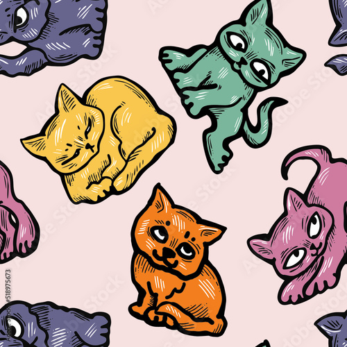 Cute cats pattern for wallpaper, wrapping paper, textile fabric print, pet shop, baby shower, kids room, children theme background. Decorative colourful hand drawn illustration.  Line vector drawing.