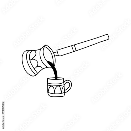 Turkish coffee pot and cup doodle illustration. Hand drawn turkish coffee pot and cup illustration in vector. Doodle cezve with illustration. Copper cezve doodle illustration