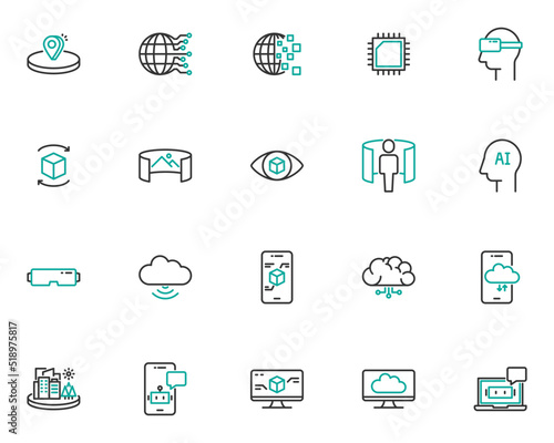 set of technology line icons, ar, vr, metaverse